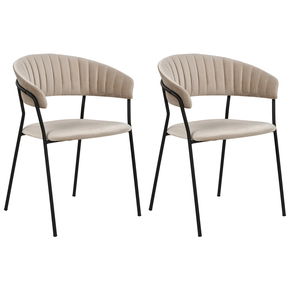 Set di 2 sedie da pranzo in tessuto vellutato grigio talpa Rivestimento in metallo nero Gambe con braccioli Schienale curvo Design moderno e contemporaneo