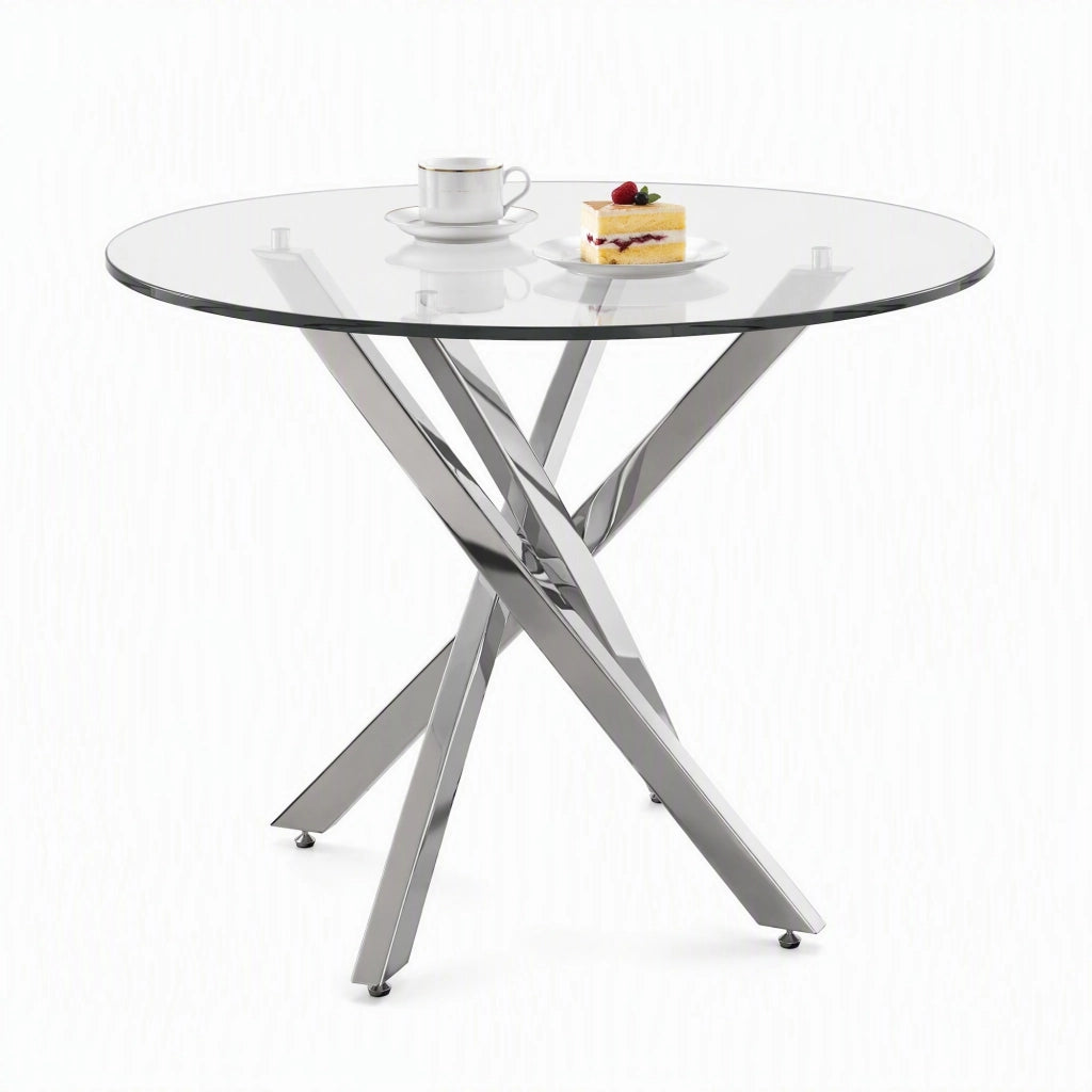 Tavolo rotondo moderno 80x80 cm in vetro temperato e metallo, colore argento