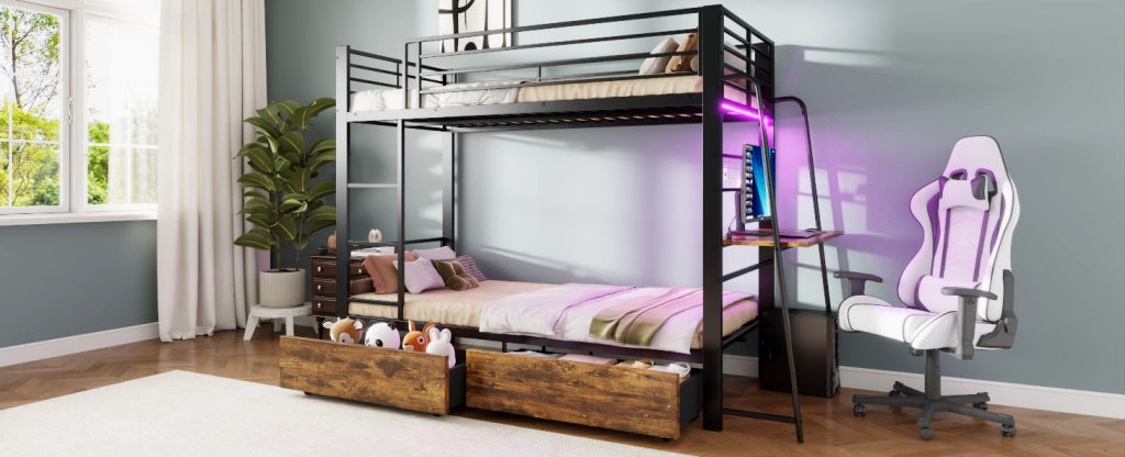 Letto a soppalco 90 x 200 cm con scrivania, LED e cassetti