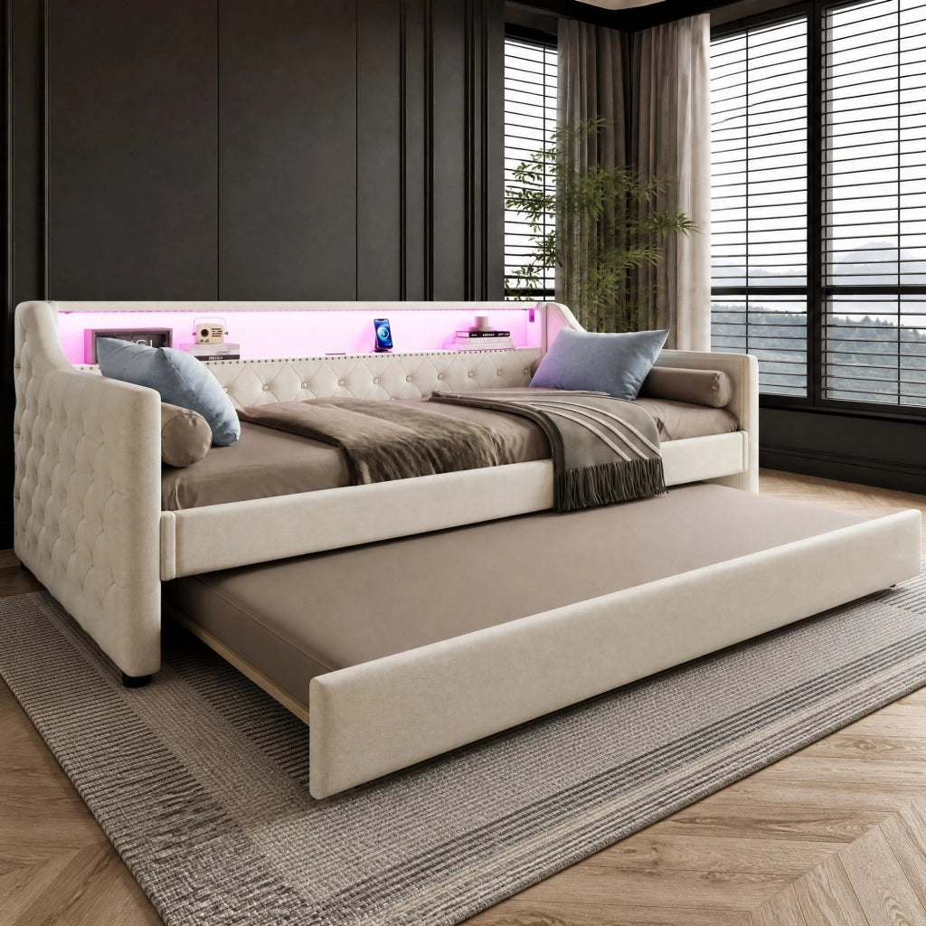 Letto singolo estraibile 90x200 cm con LED e USB beige