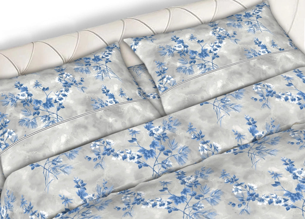 Completo Lenzuola Letto Matrimoniale 100% Cotone Made Italy In Varie Fantasie Fiorate C.N - Matrimoniale - Coppery Blu