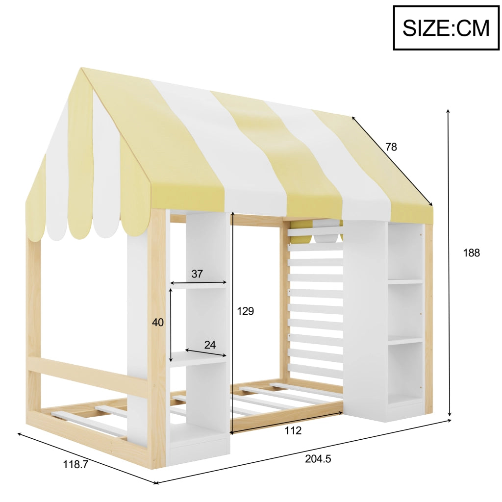 Letto a Soppalco 90x200 cm; Letto Singolo - Baldacchino e 2 Vani; in Legno Bianco Naturale