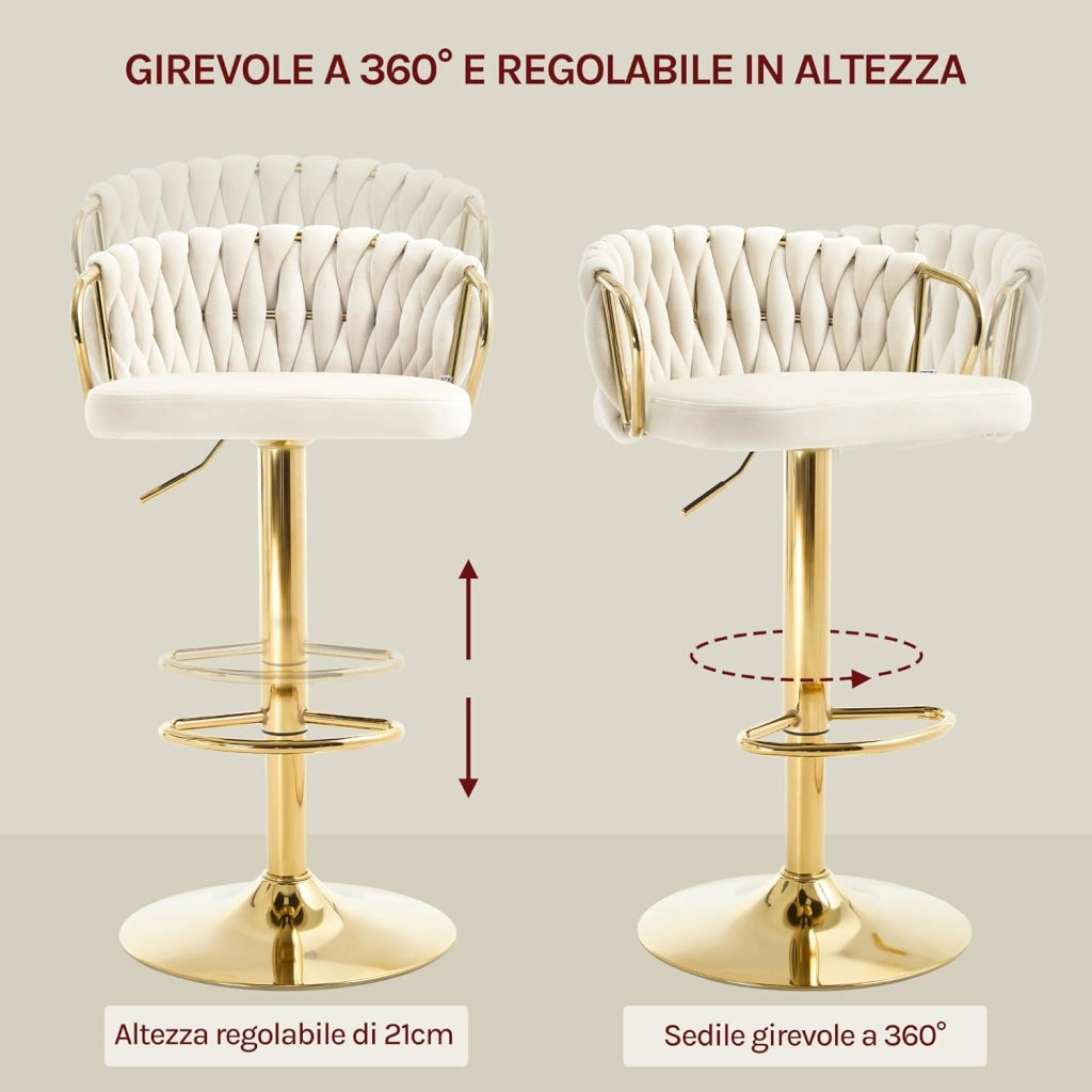 Sgabello da Cucina Altezza Regolabile, Sgabello da Bar in Velluto, Girevole a 360°, con Base in Metallo e Poggiapiedi, Crema