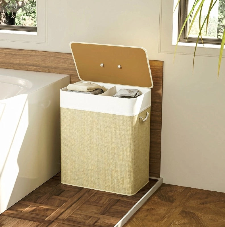 CESTO PORTABIANCHERIA 100 L in Bambù Bianco con Coperchio