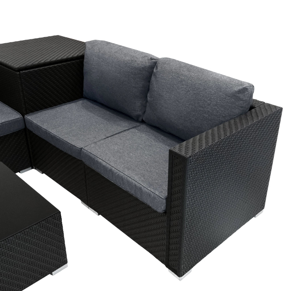 Set Divani Rattan Nero 6 Pezzi con Cuscini, Tavolino e Baule 250L