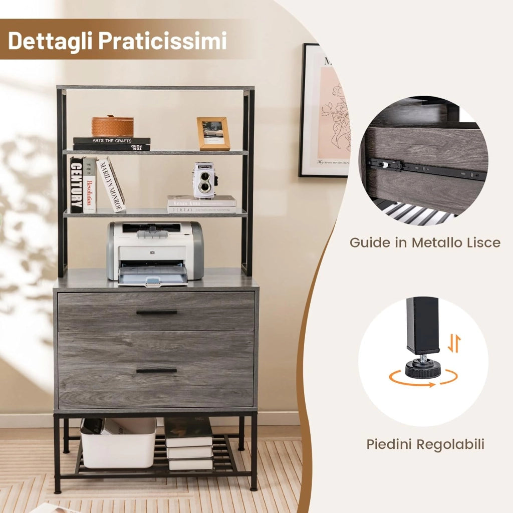 Scaffale Porta Stampante, Suppoto per Stampante in Legno con 4 Ripiani e 2 Cassetti, per Soggiorno, Ufficio e Studio, 75 x 40 x 156 cm (Grigio)