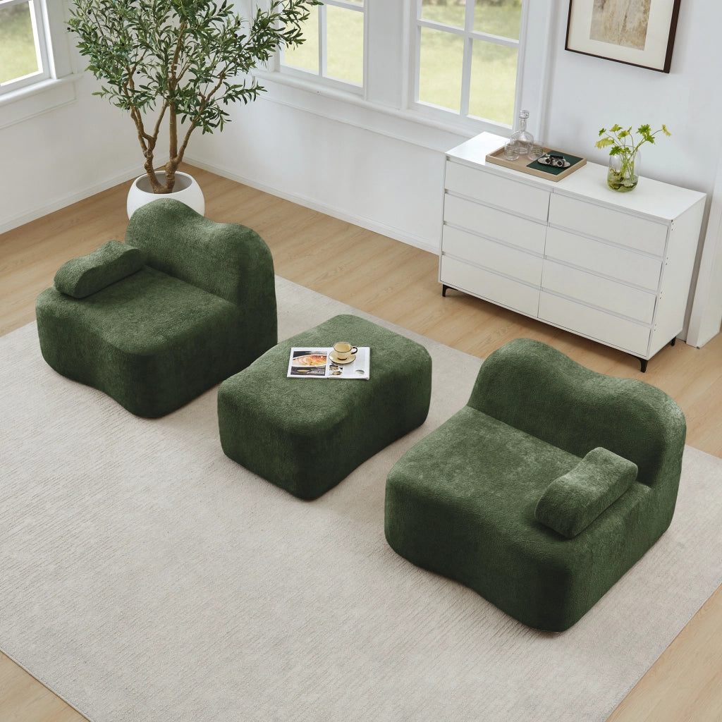 Divano angolare modulare senza struttura con pouf e cuscino bracciolo mobile in velluto verde per casa