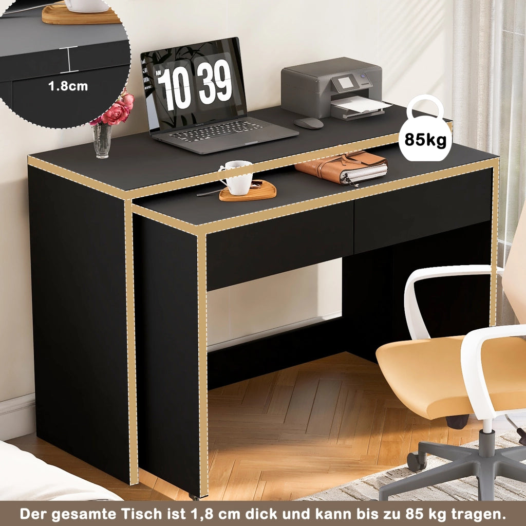 Scrivania lineare 2 in 1 con 2 cassetti e ruote, per piccoli spazi, in truciolato nero, 110 × 40 × 78 cm