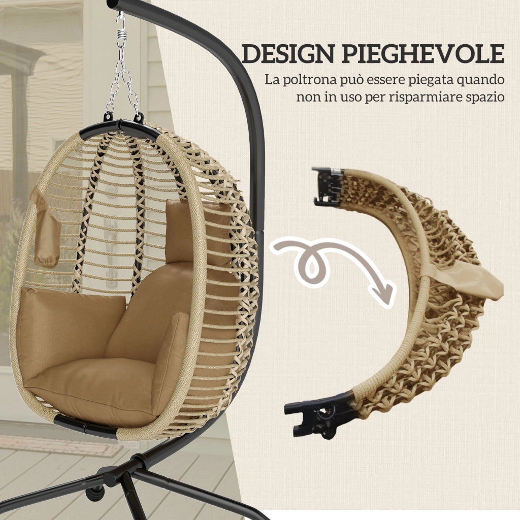 Poltrona Sospesa con Cuscino Imbottito, Seduta Pieghevole e Struttura in Acciaio e Corda, Beige