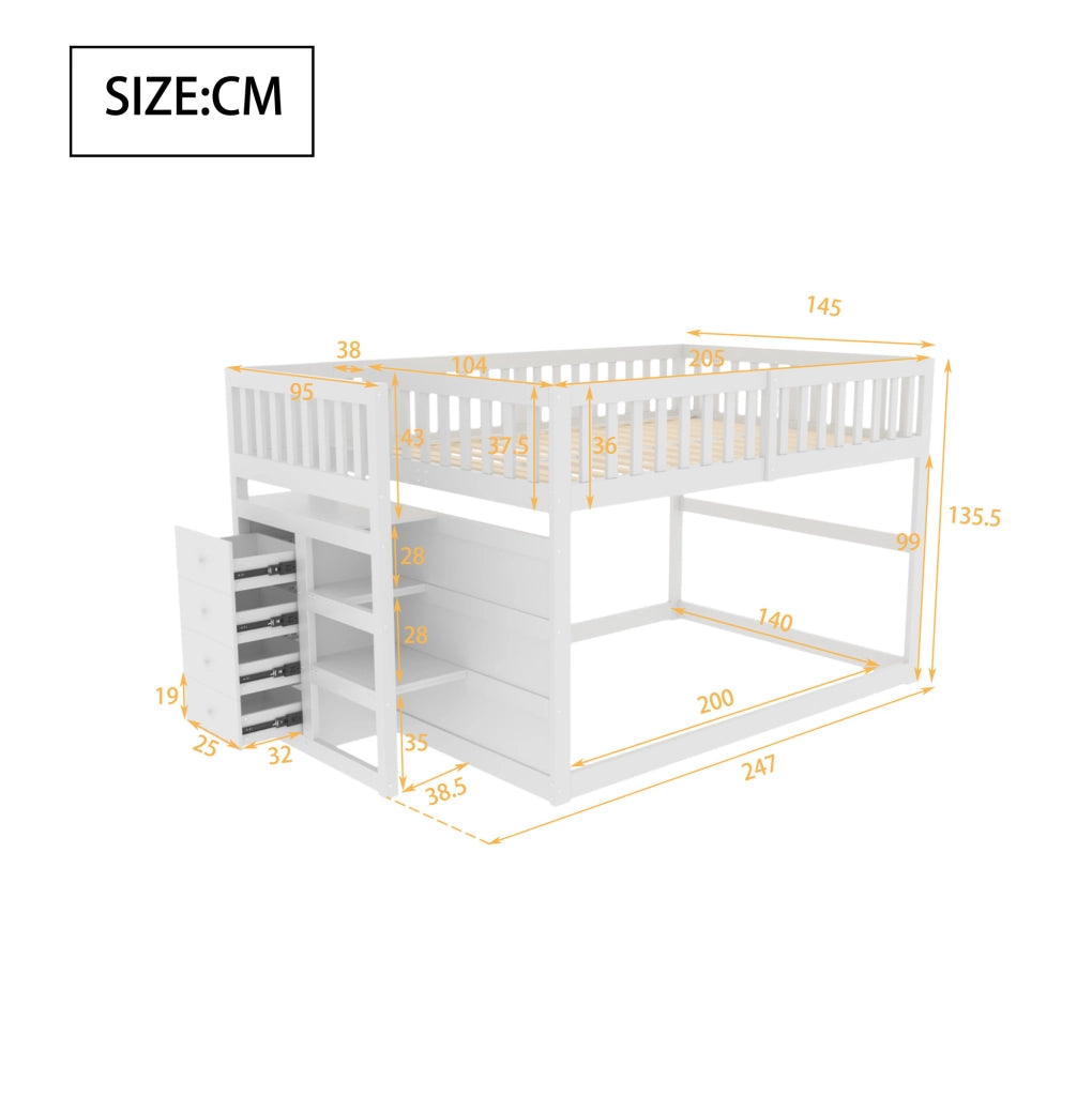 Letto a castello basso 140x200 cm con scala e 4 cassetti