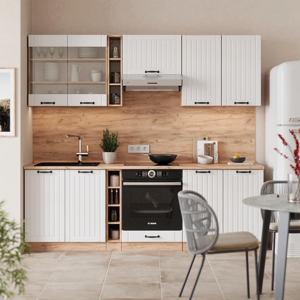 Cucina componibile Fame-Line Bianco rustico/Rovere dorato 235 cm, PL Marmo Vicco