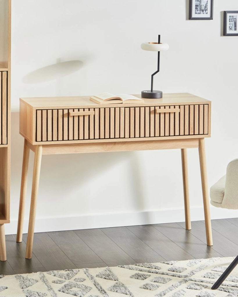 Tavolo Consolle Legno Chiaro Gambe in legno massiccio MDF 2 Cassetti Soggiorno Camera da letto Corridoio