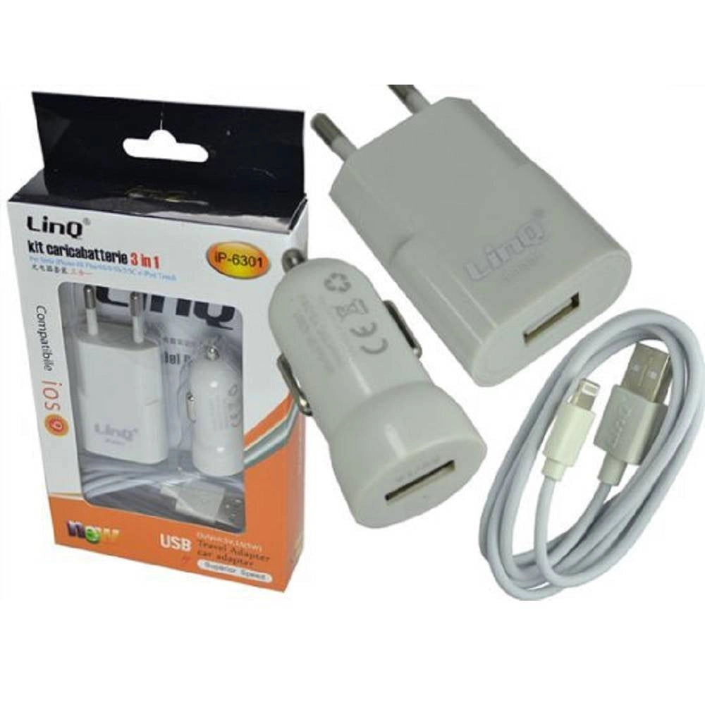 Trade Shop - Kit Caricabatterie 3 In 1 Adattatore Auto Rete Cavo Usb Lightning 1 Mt Ip-6301 -