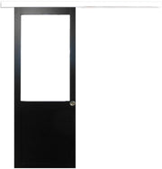 Porta scorrevole nera per officina H204 x L93 senza montante + binario in alluminio Striscia bianca e 2 gusci