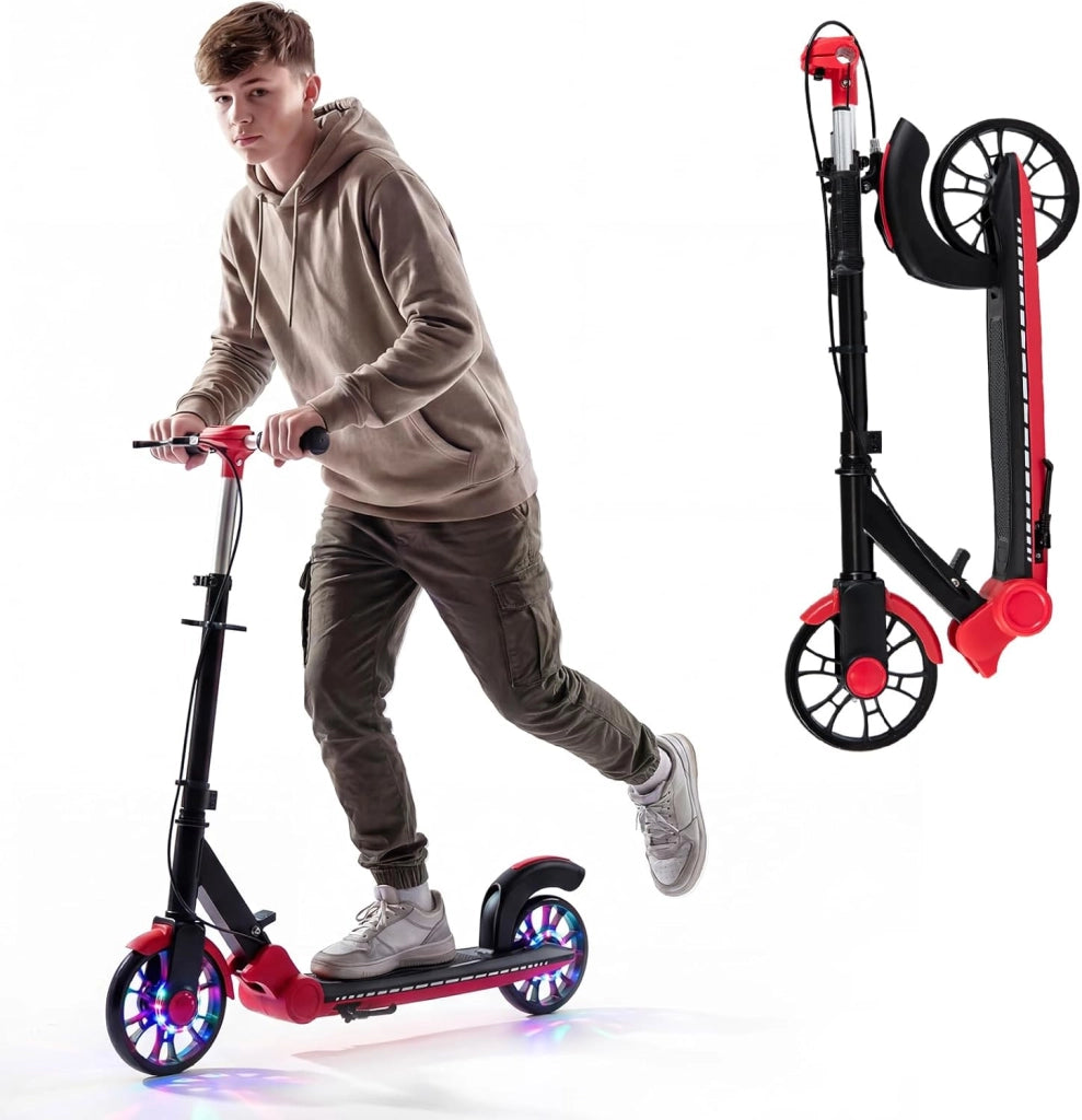 Monopattino Pieghevole con 2 Ruote Luminescenti, Manubrio Regolabile su 3 Altezze, Freno Posteriore, Cavalletto, Telaio in Alluminio Leggero e Pedana Antiscivolo, per Adulti e Bambini