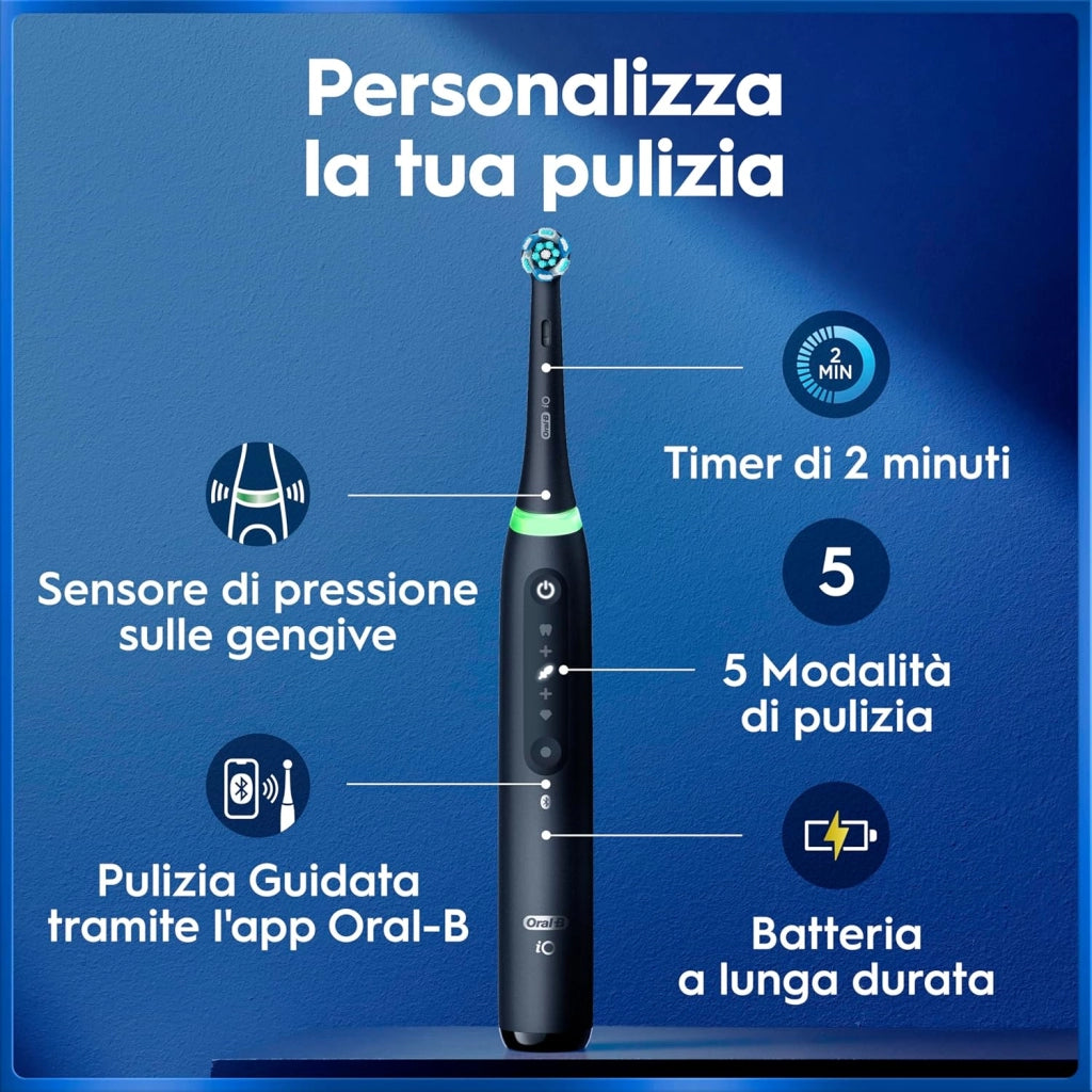 Oral-B iO 5 Spazzolino Elettrico, con 1 Testina di Ricambio, Astuccio, Nero - 1 Testine di Ricambio per Spazzolino Elettrico, Ricaricabile, Custodia da Viaggio, Sensore di Pressione, Pulizia Denti