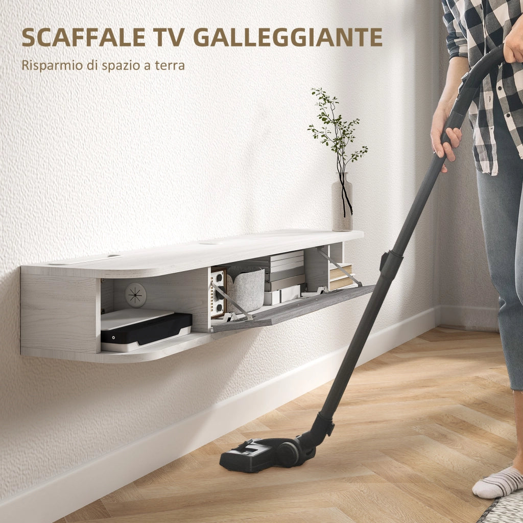 Mobile TV Sospeso con 2 Ripiani Aperti e Armadietto ad Anta Ribaltabile, Mobile Porta TV in Legno, 120x26x16 cm, Bianco e Grigio