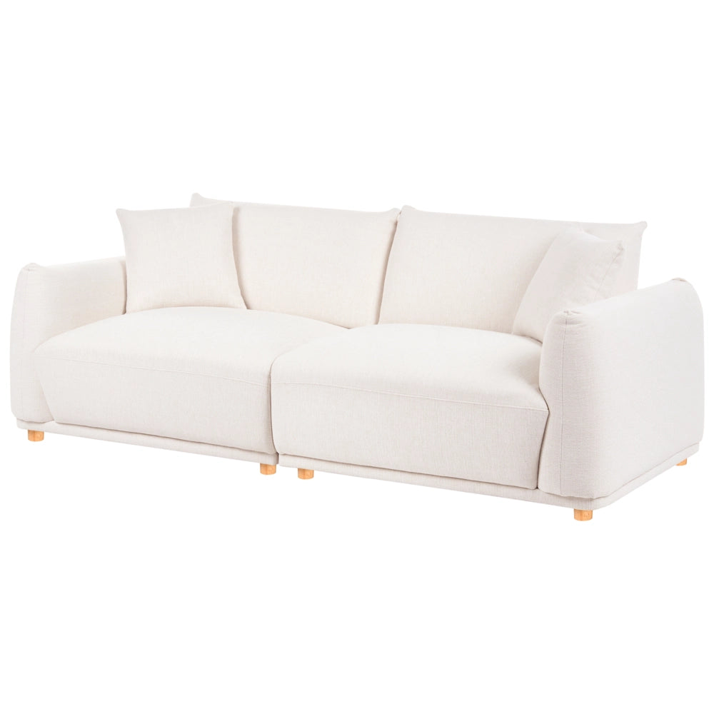 Set divano a 5 posti in tessuto bianco sporco con cuscini decorativi e poltrone con gambe in legno stile moderno