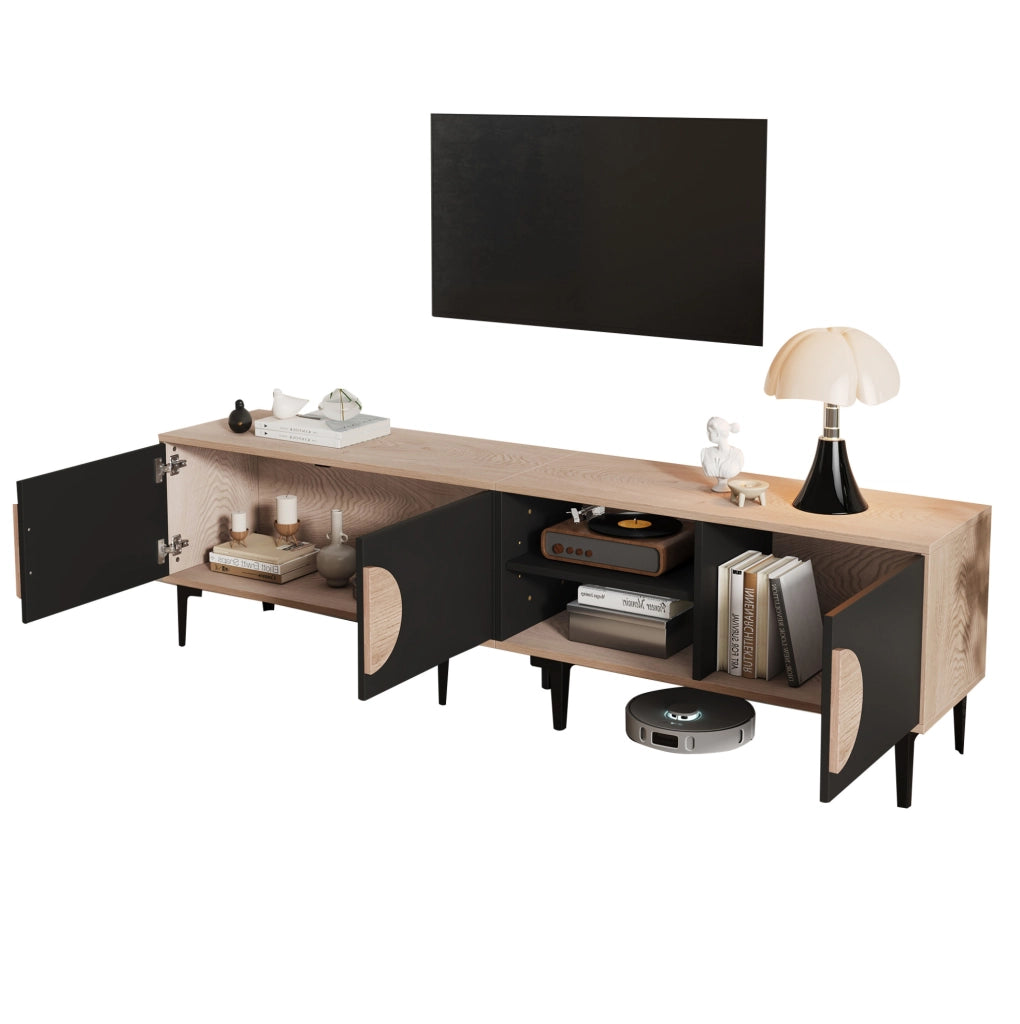 Mobile TV 180x35x49 cm con 3 ante e ripiani, rovere e nero