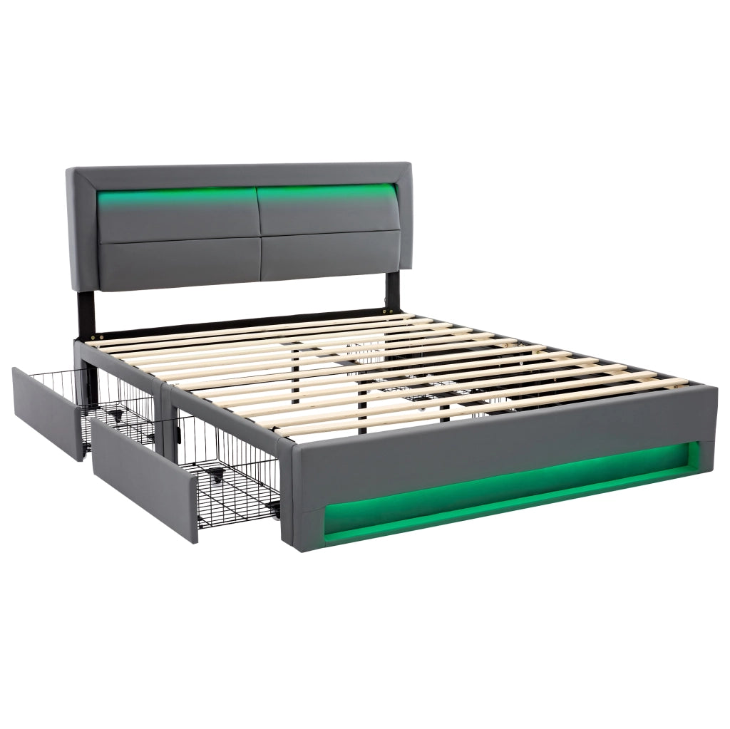 Letto imbottito 140x200 cm con USB; LED e 4 cassetti in PU grigio