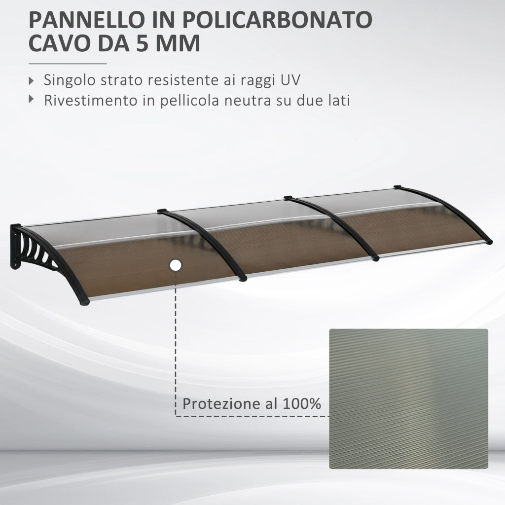 Pensilina da Esterno per Finestre e Porte, in Policarbonato e Alluminio, 303x100x26cm - Marrone