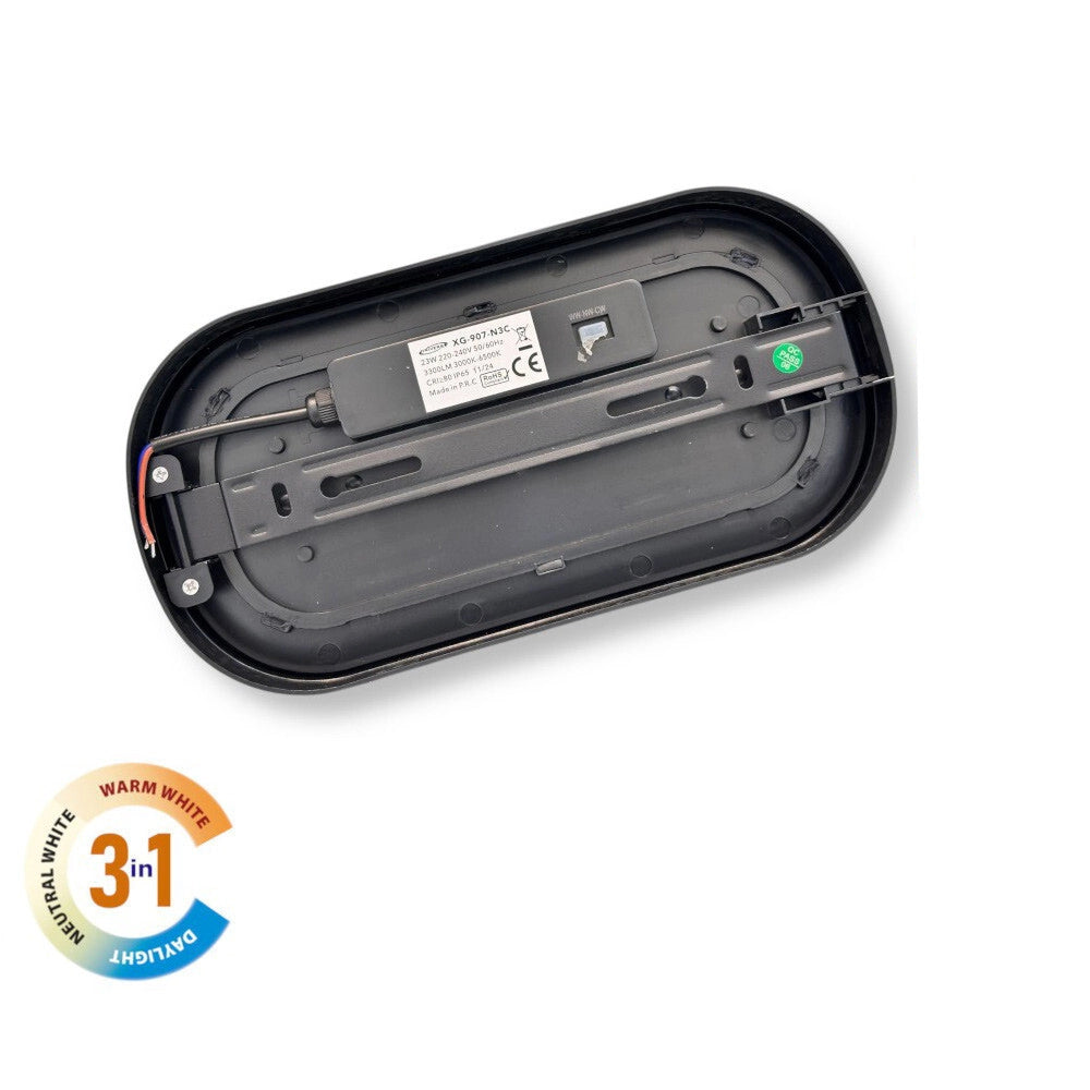 Trade Shop - Applique A Led Da Parete Plafoniera Soffitto Ovale 23 Watt Cct Switch Ip65 Xg-907-3c - Nero