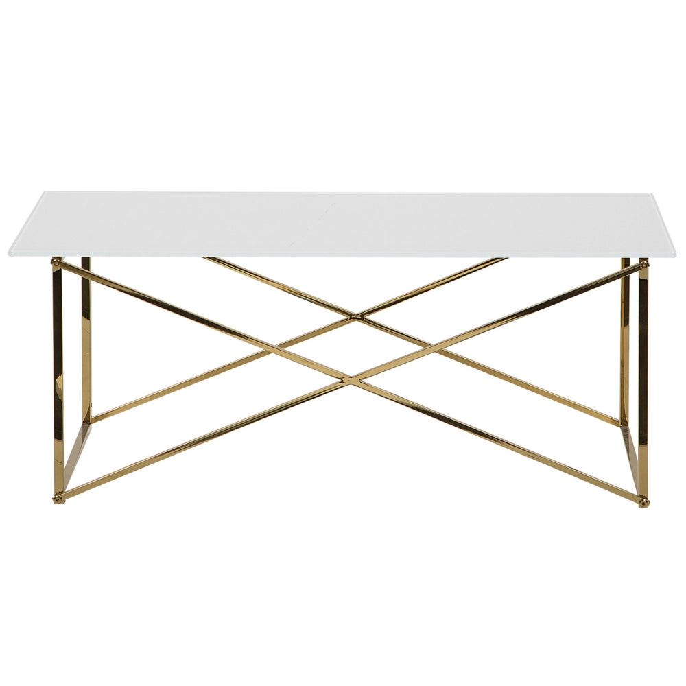 Tavolino Rettangolare Piano Bianco Gambe dorato Piano Vetro Temperato Base Acciaio Inox 100 x 50 cm Glam Minimalista