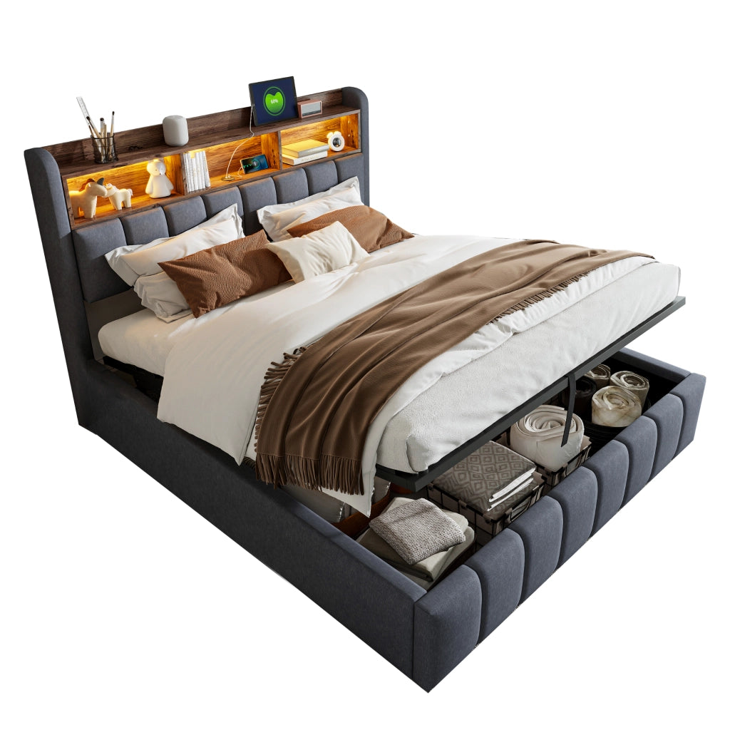 OKWISH Letto Contenitore 180×200 cm, Letto Matrimoniale con LED Regolabile, USB, Tipo C, Mensole e Vano Portaoggetti, senza Materasso, Grigio