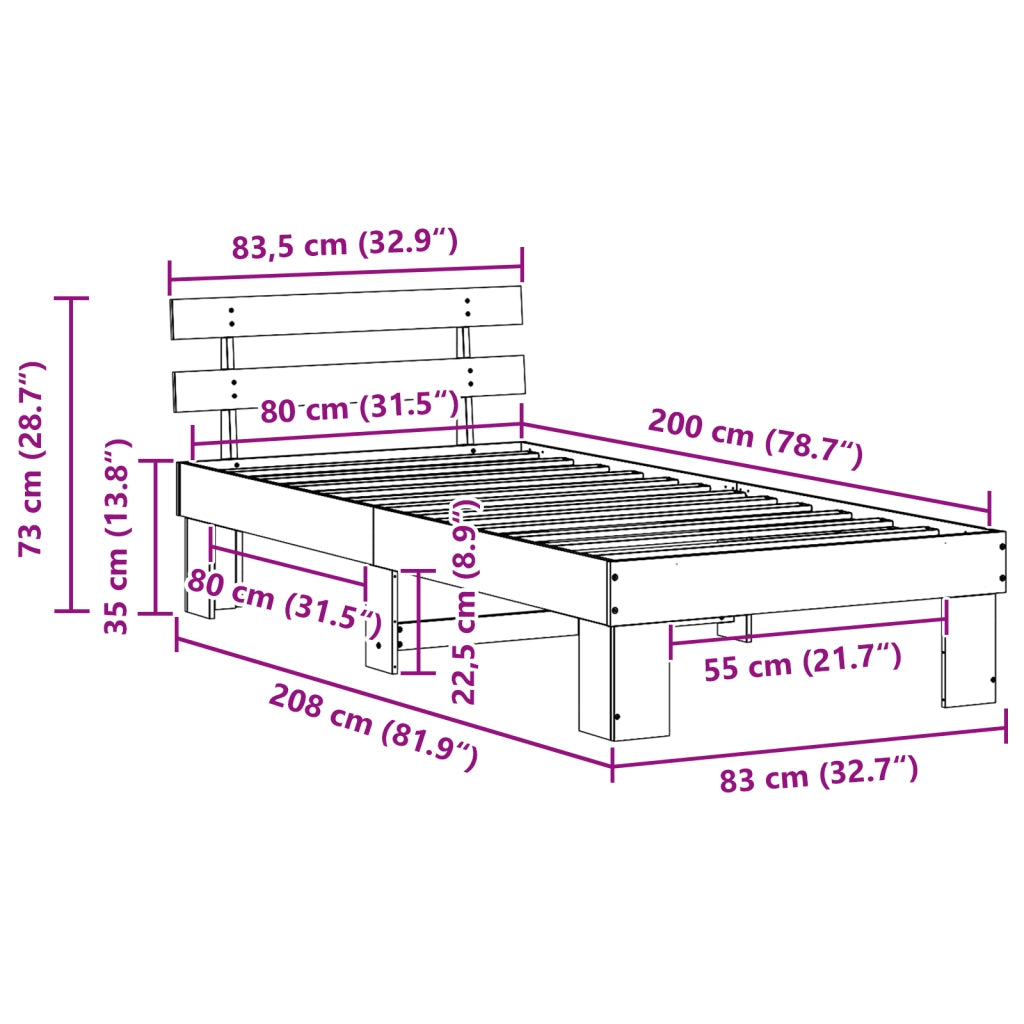 Struttura Letto con Testiera 80x200 cm in Legno Massello di Pino