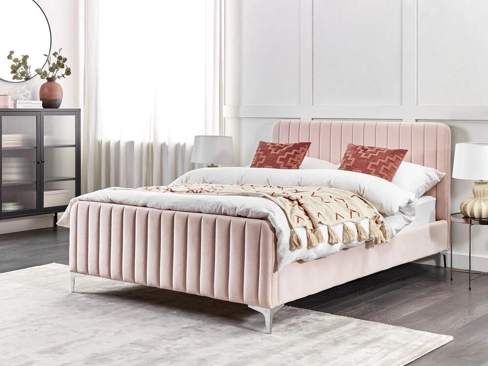 Letto in velluto rosa pastello UE Matrimoniale 140 x 200 cm Testiera Imbottita con Gambe in metallo Design moderno