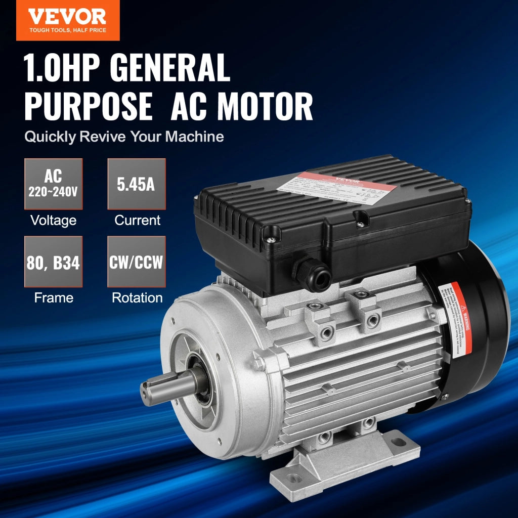 Motore Elettrico Monofase 0,75KW 1400 Giri/min CA 220-240V Telaio B34 Albero 19mm Robusto per Compressore Officina