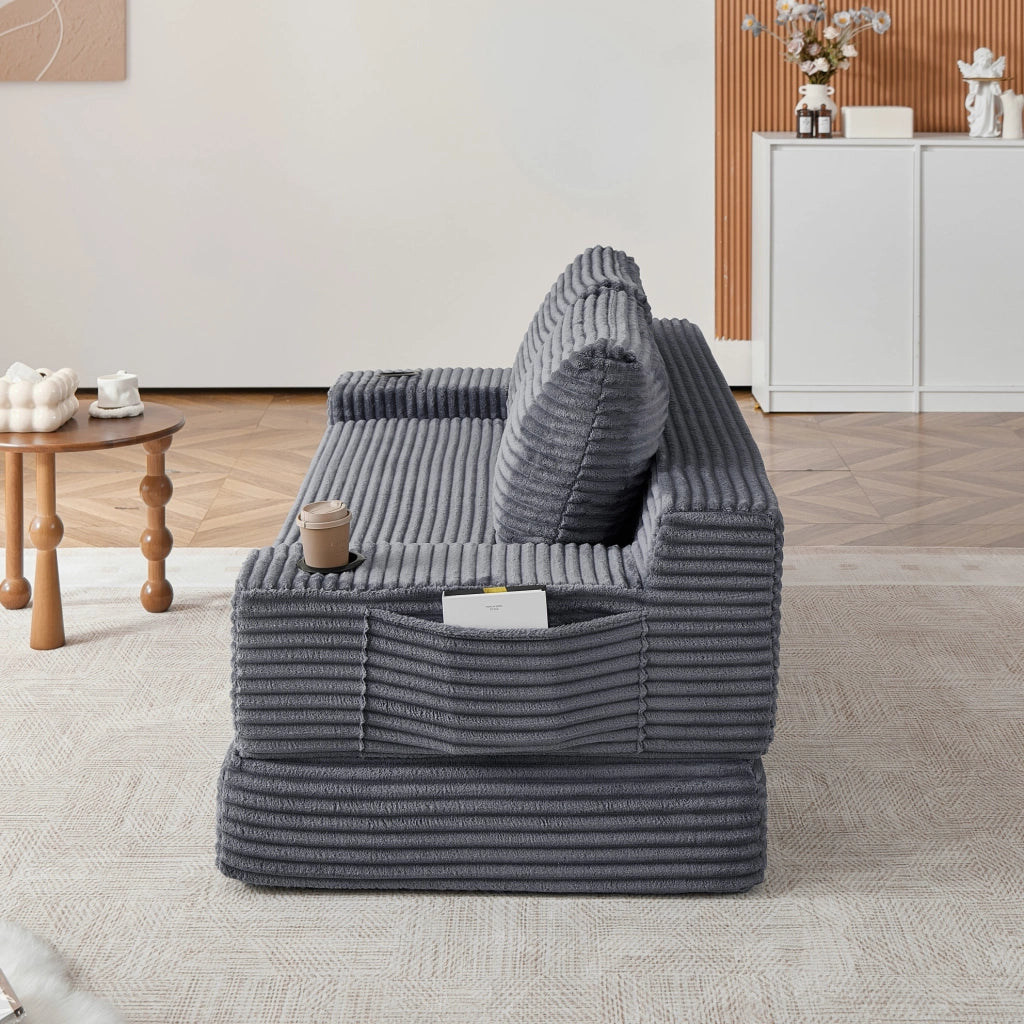 Divano Letto 2-in-1 in Velluto a Coste con Portabicchieri e Tasche Laterali