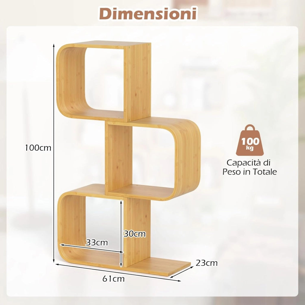 Libreria a 3 Cubi Forma di S, Libreria Bassa Scaffale in Bamboo, Libreria Design Moderna Salvaspazio Piccola da Terra, per Soggiorno, Studio e Ufficio, 61 x 23 x 99 cm, Naturale (3 Livelli)
