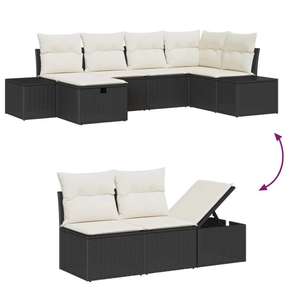 Set Divano da Giardino 7 Pezzi con Cuscini Nero Polyrattan