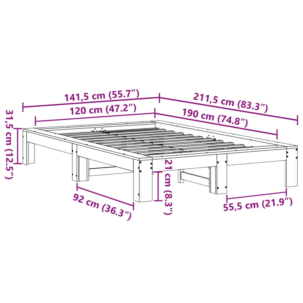 Letto senza Materasso-Struttura Letto 120x190 cm in Legno Massello di Pino 490303