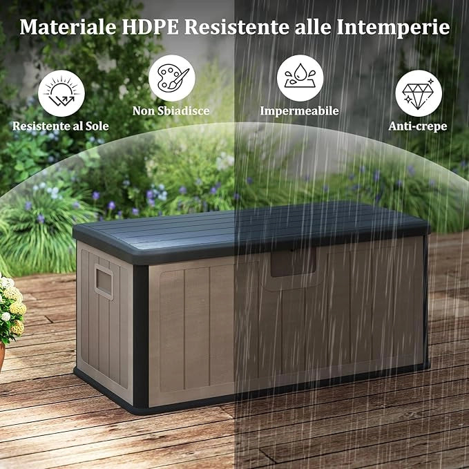 Baule da Esterno 378 L Impermeabile, Cassapanca Contenitore in Resina con Coperchio Bloccabile, Contenitore Salvaspazio per Giardino e Cortile, 130 x 64 x 59 cm (Marrone+Nero)