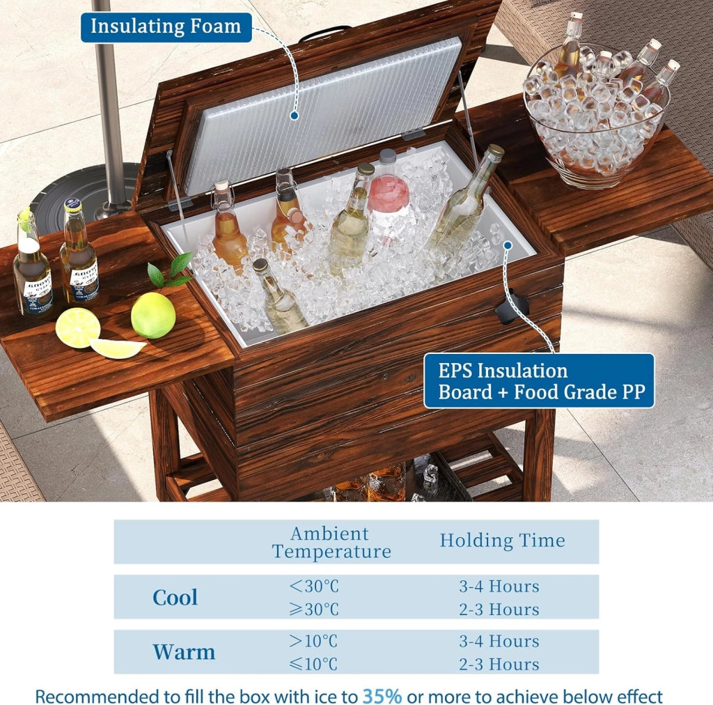 Frigorifero mobile per giardino, terrazza, piscina, 51 l, bar, 128 x 42,5 x 74 cm, 2-4 ore, 4 ruote universali, 2 ripiani laterali pieghevoli