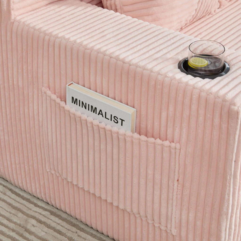 Divano pouf rosa in velluto a coste con 2 cuscini e tasche laterali 151x133x64 cm
