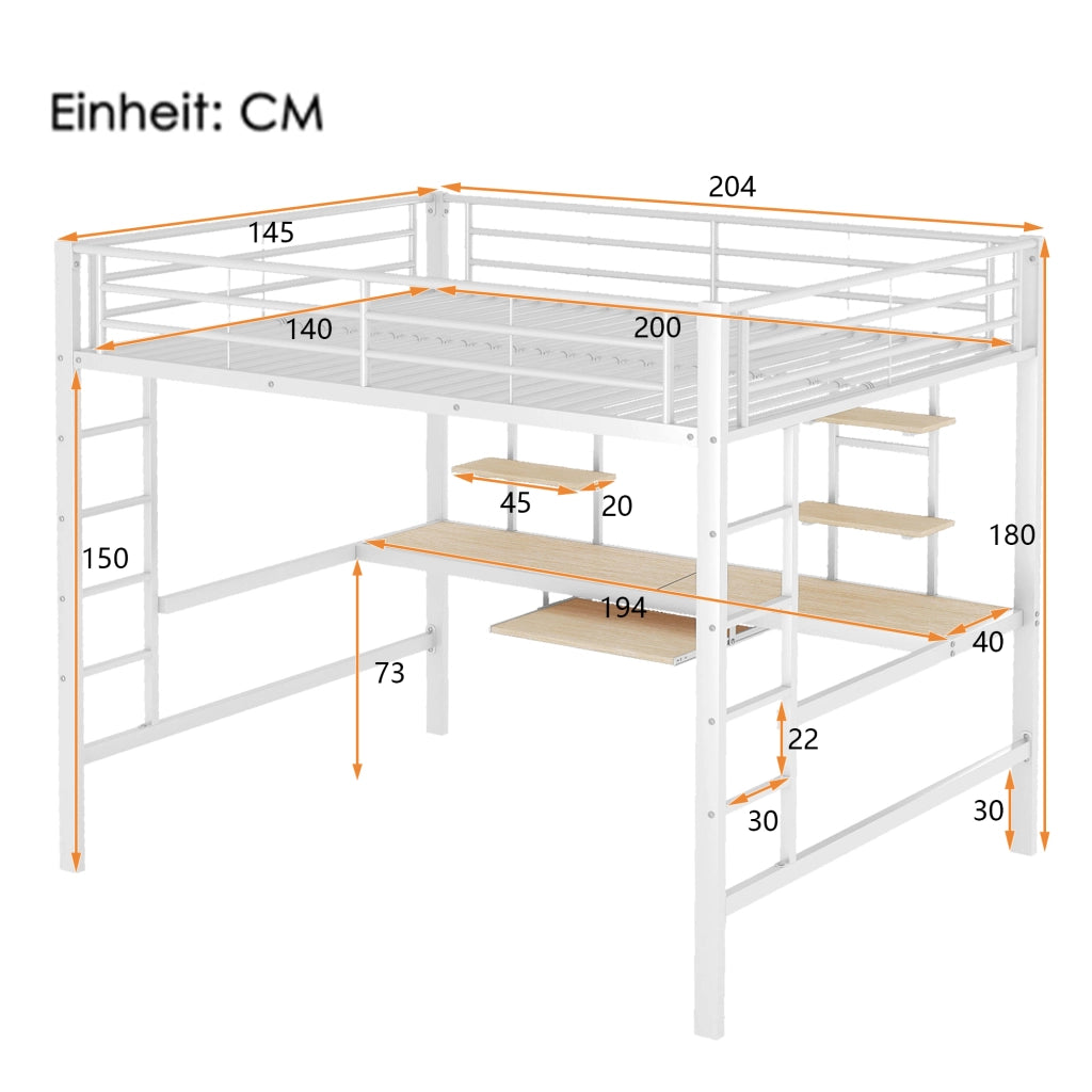 Letto a Soppalco Letto Matrimoniale con Scrivania; 2 Scaffali e Ripiano Tastiera; 140 x 200 cm; senza Materasso; Bianco