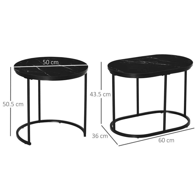 SET 2 TAVOLINI DA CAFFÈ CON PIANO EFFETTO MARMO, IN LEGNO E ACCIAIO, Ï50X50.5 CM E 60X36X43.5 CM, NERO
