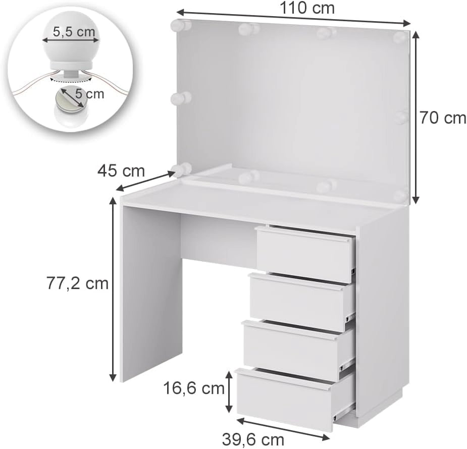 Tavolo da toeletta Viktoria, Bianco, 110 cm con specchio e illuminazione a LED, porta un tocco moderno all’ambiente