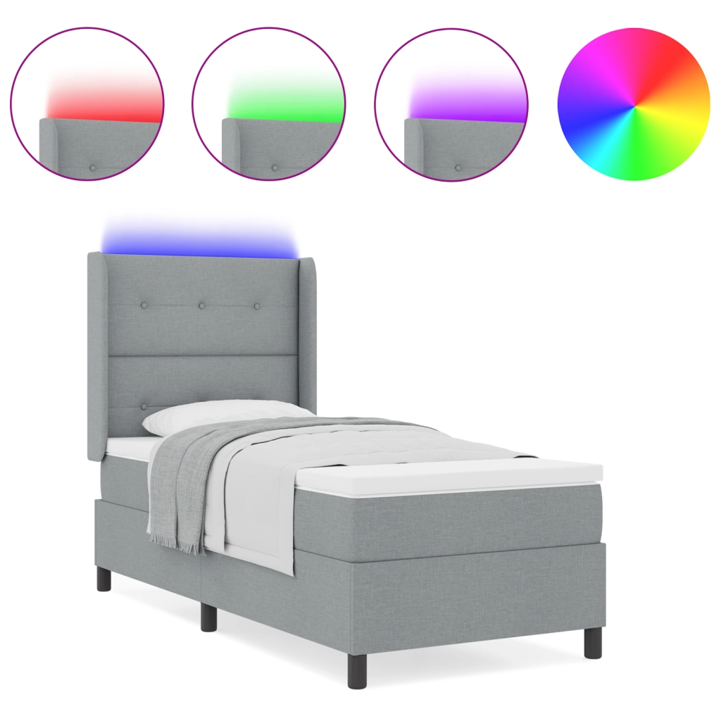 Letto a Molla con Materasso e Luce LED Grigio Chiaro 90x190 cm Tessuto