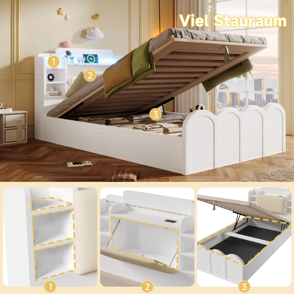 DESMIU Letto contenitore 90 × 200 cm 1 piazza con USB, Type-C, LED, vano idraulico, senza materasso, bianco