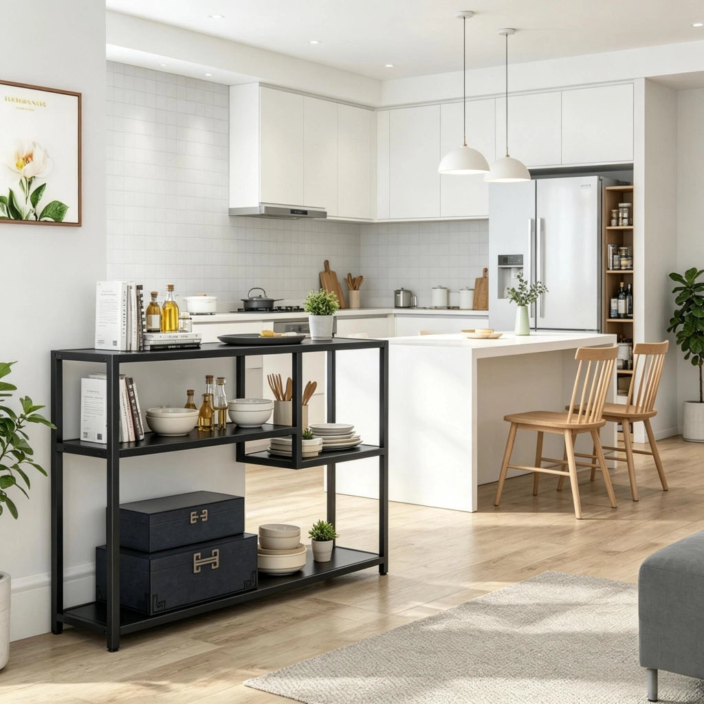 Tavolo consolle 110x30x85 cm con 4 ripiani in metallo e legno nero