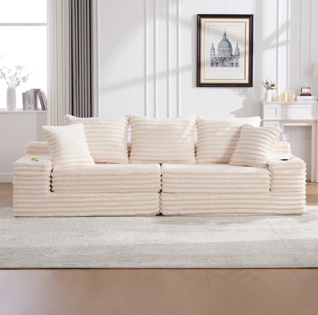 Divano letto in velluto a coste beige con contenitori