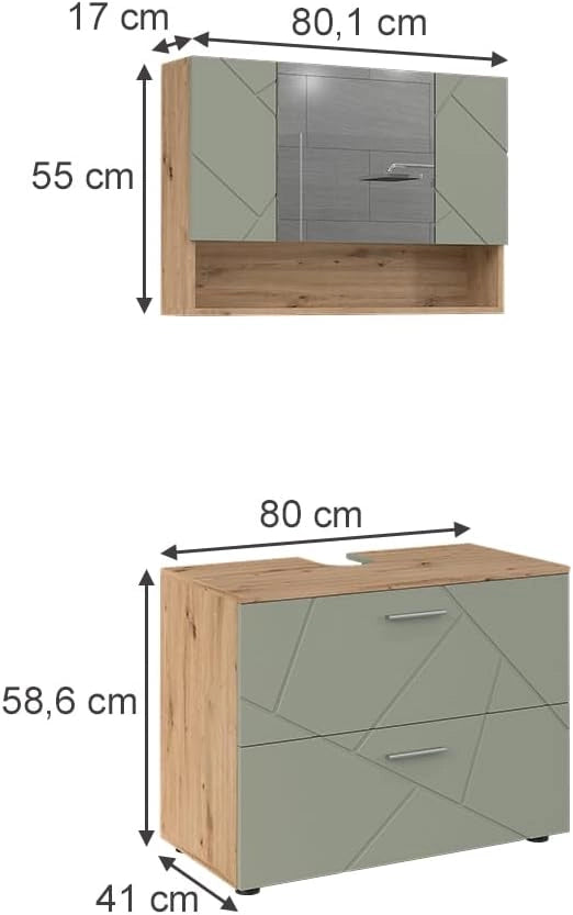 Set di mobili da bagno Irma, Verde salvia, 80 cm, composto da specchio da bagno e mobile sottolavabo