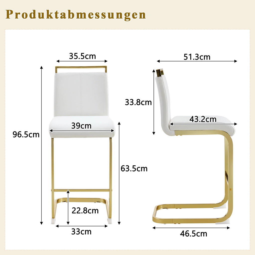 Sgabello da bar set da 2 con schienale e poggiapiedi per cucina e ristorante moderno in pelle PU e metallo, bianco e oro