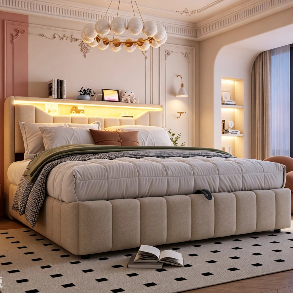 Letto matrimoniale contenitore 214.5x181x107.5 cm con sistema idraulico; LED e testiera contenitore in tessuto beige
