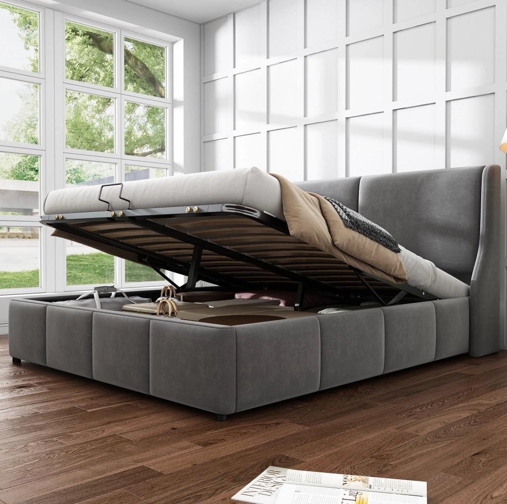 Letto imbottito con contenitore 140x200 in velluto grigio con rete a doghe