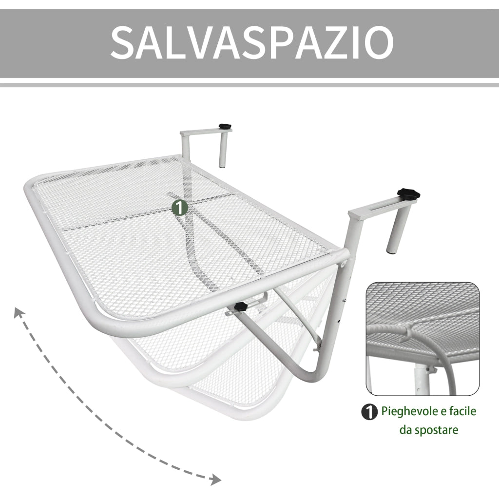 Easycomfort Tavolo da Ringhiera con Ganci ad Altezza Regolabile su 3 Livelli, in Metallo, 60x56.5x45 cm, Bianco